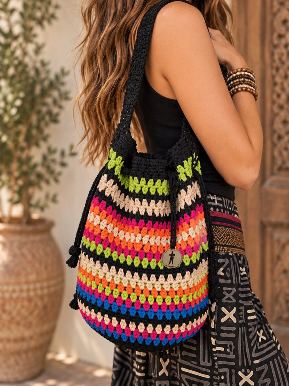 The Sak Vintage Mexi Crochet Global Stripe Drawstring Bucket Bag Boho Hippie EUC